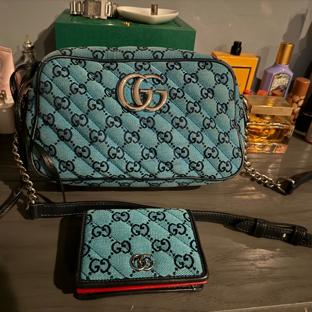 EUC Gucci Marmont Blue Women's Bag with matching wallet bundle